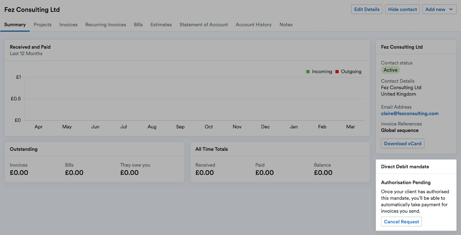 Contact profile with direct debit mandate panel highlighted