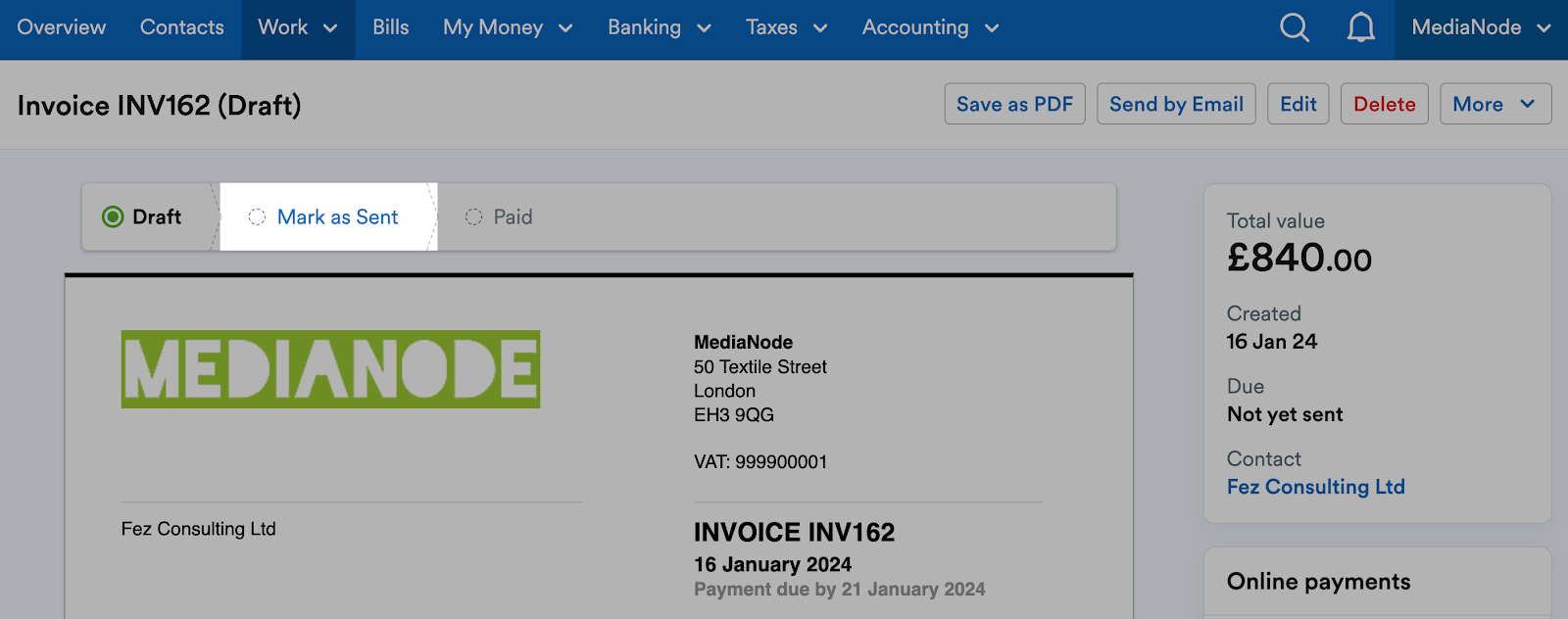 mark as sent button highlighted above invoice