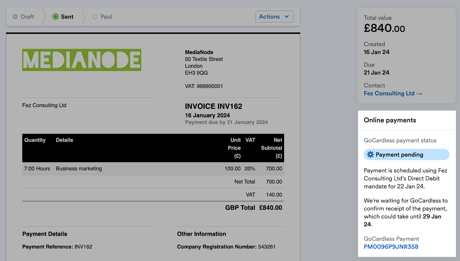 online payments section of invoice highlighted detailing the payment details