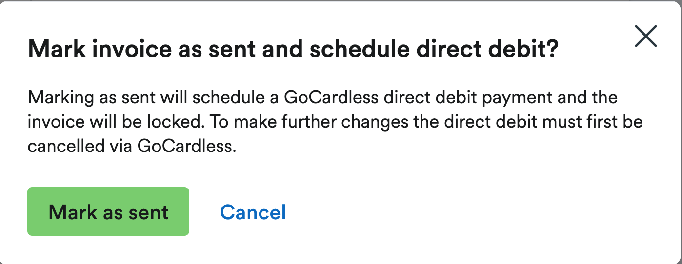mark as sent modal for scheduling a direct debit payment