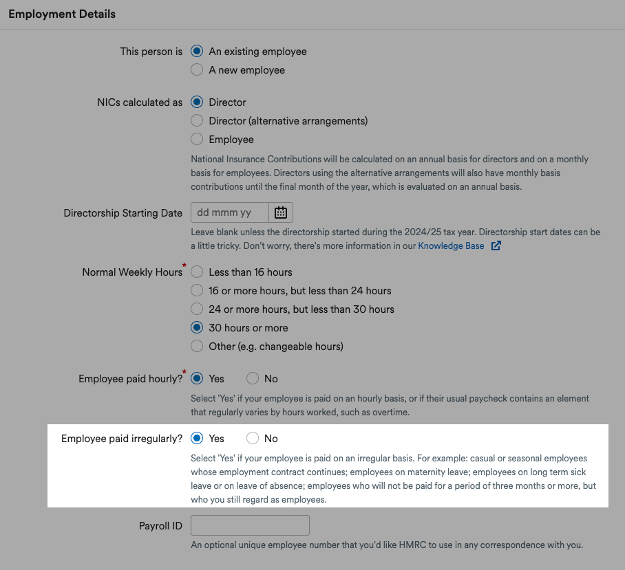 Irregular payments box in employment details on  payroll profile in FreeAgent