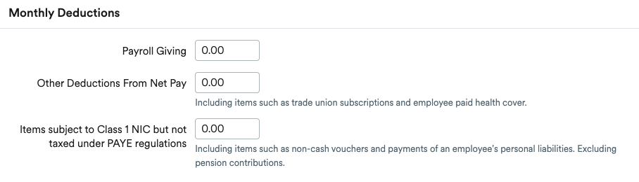 Monthly deductions section of payroll profile in FreeAgent