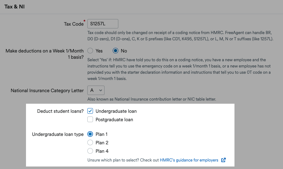Tax and NI section of payroll profile in FreeAgent
