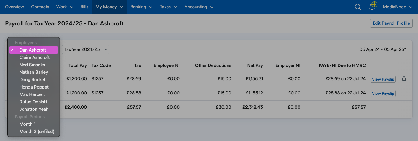 Employee name highlighted on drop-down menu.
