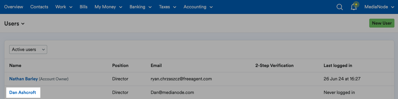 Name of a user highlighted