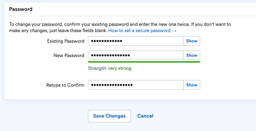 Password section of user profile