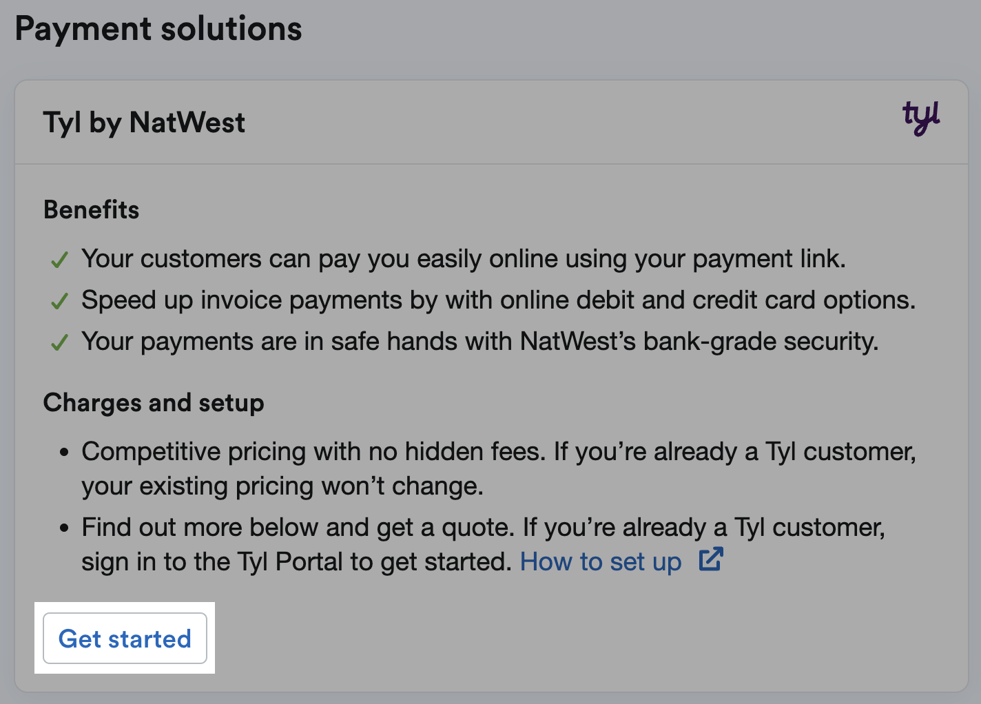 Tyl by NatWest panel in the Payment Solutions section with the Get Started button highlighted