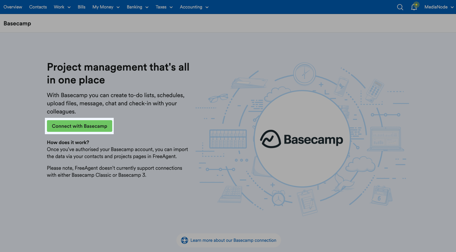 basecamp screen with connect with Basecamp button highlighted