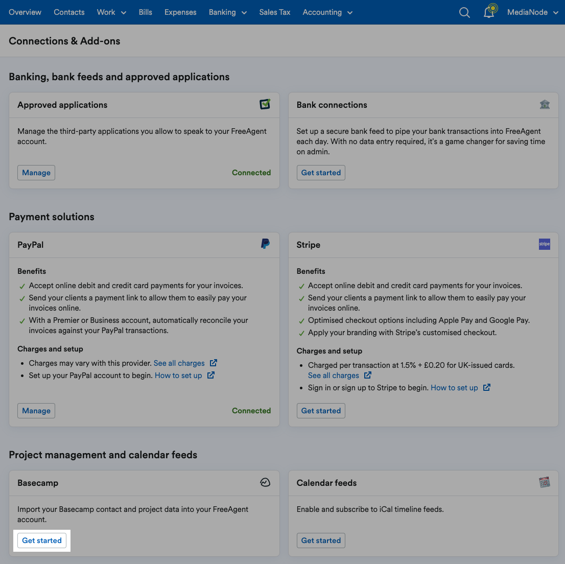 Get started button highlighted on Basecamp panel