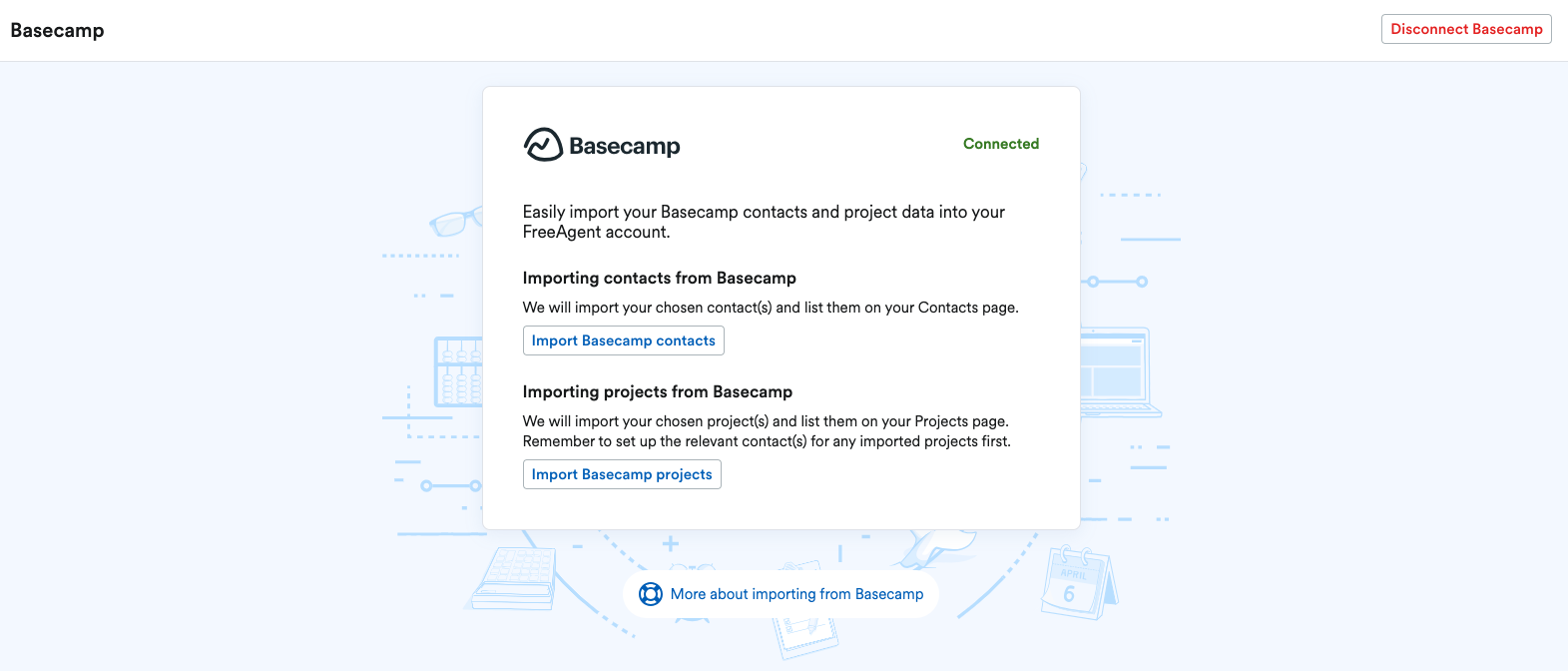 Basecamp screen confirming integration is connected