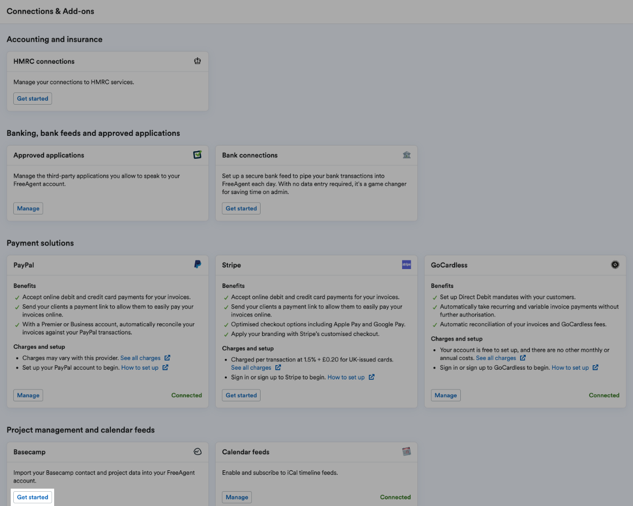 Get started button highlighted on Basecamp panel