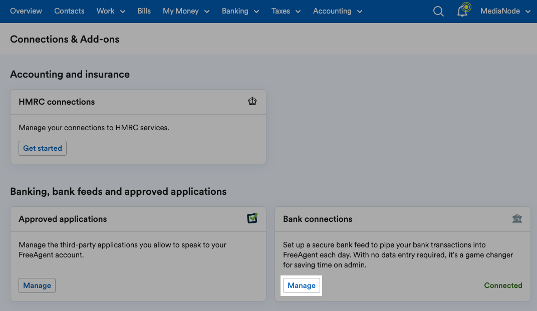 'Manage' button highlighted in Bank connections section.