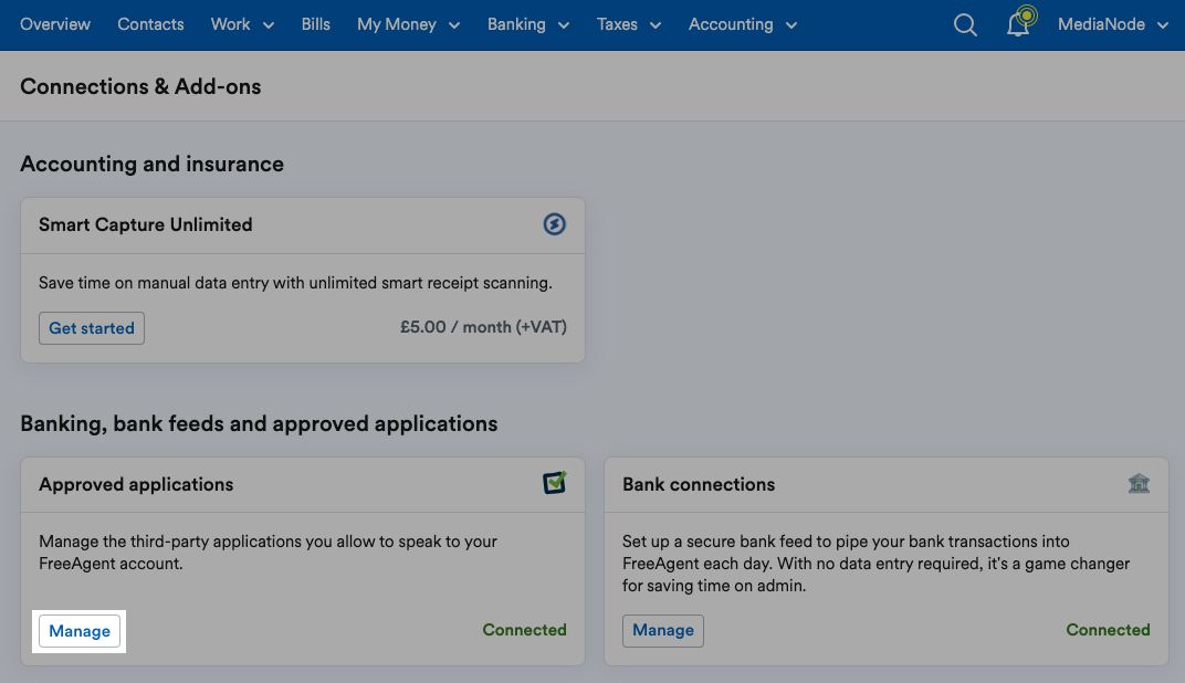 Manage button highlighted on approved applications section of Connections & Add-ons area
