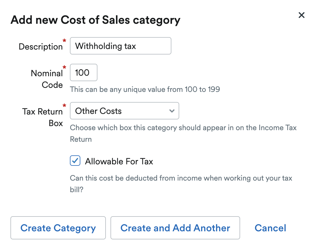 Add New Cost of Sales category page showing ‘withholding tax’ written as the Description..png