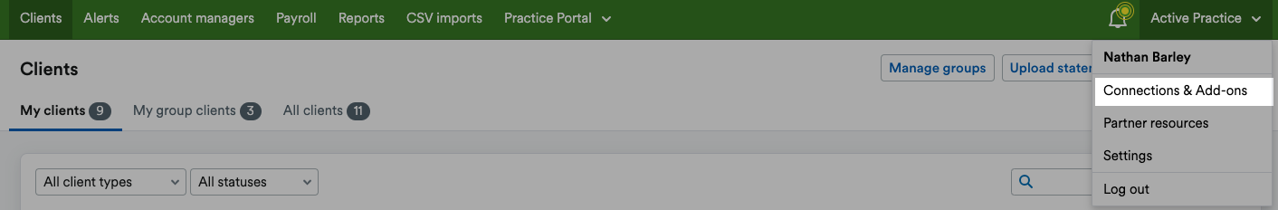 ‘Connections & Add-ons’ highlighted on the drop-down menu beneath an example company name.