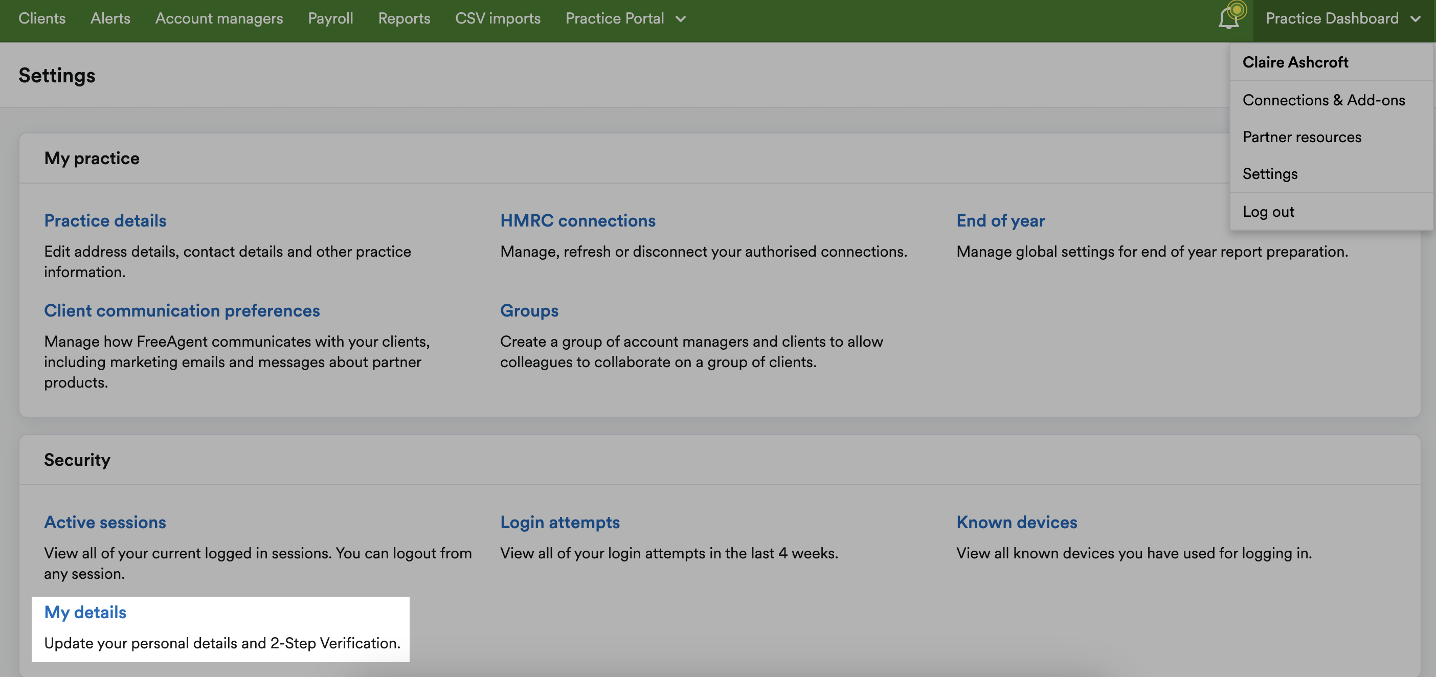 Practice Dashboard settings with my details highlighted