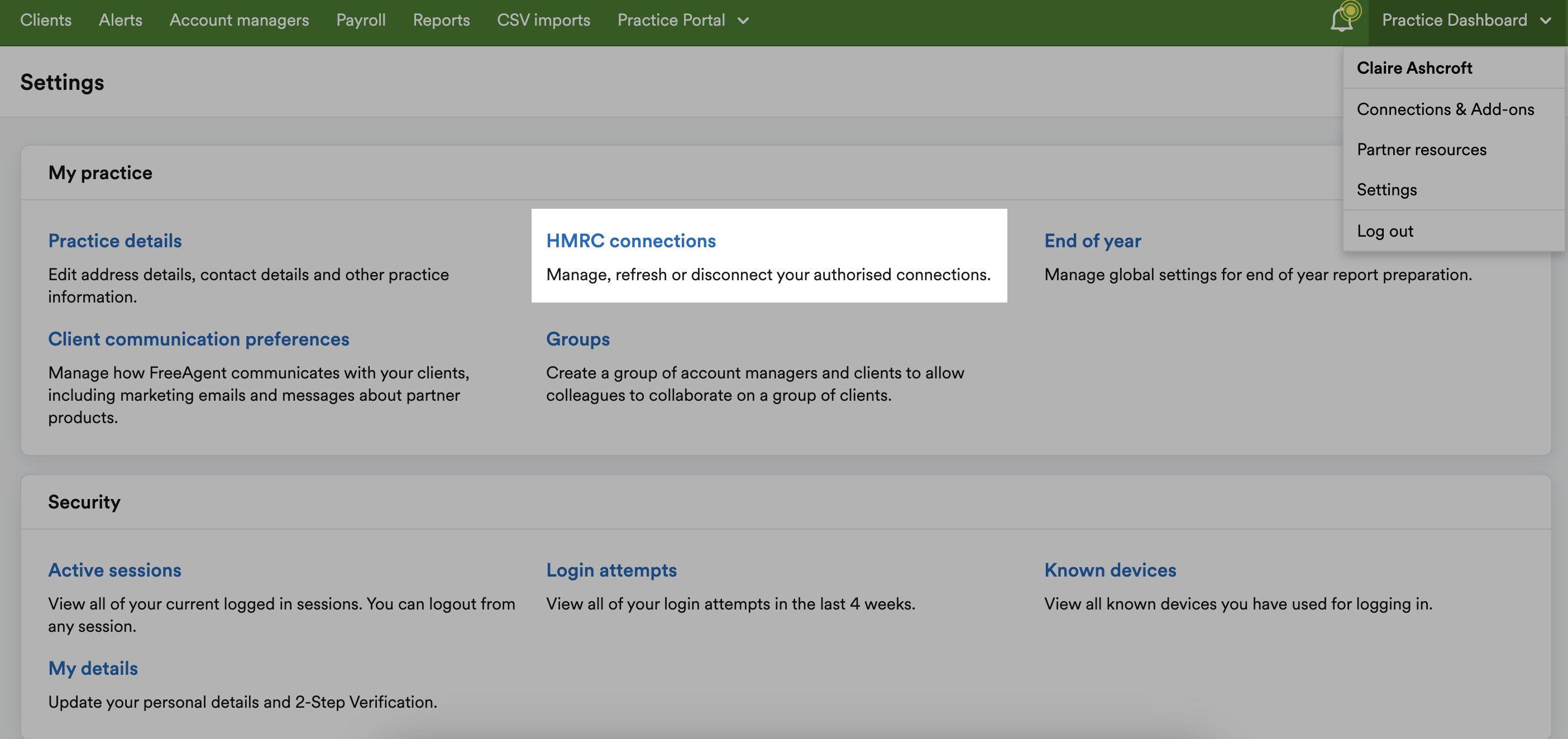 Settings area with HMRC Connections highlighted