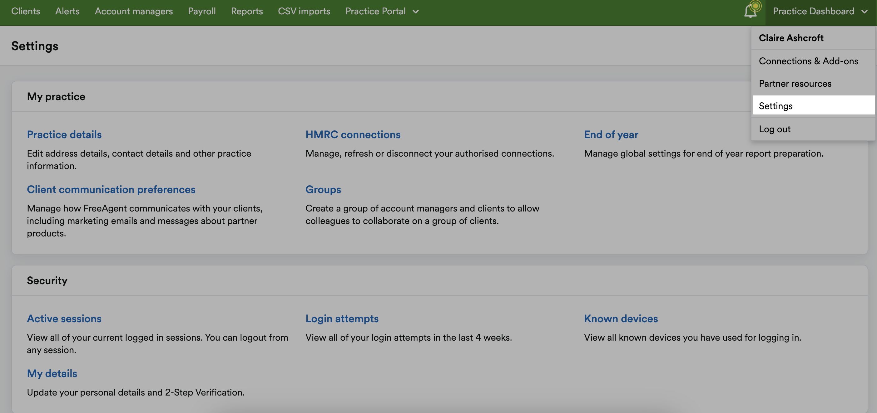 Settings highlighted in drop-down menu