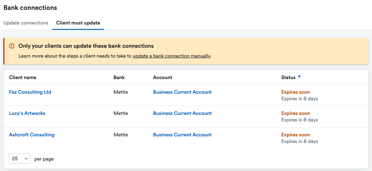 list of bank feeds that the client needs to update