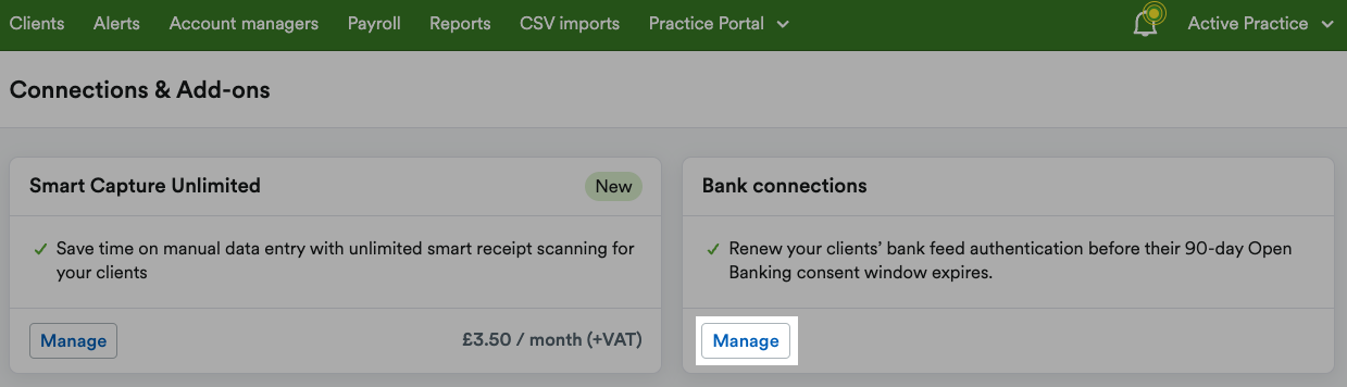 Manage button highlighted within the Bank connections section of Connections & Add-ons area