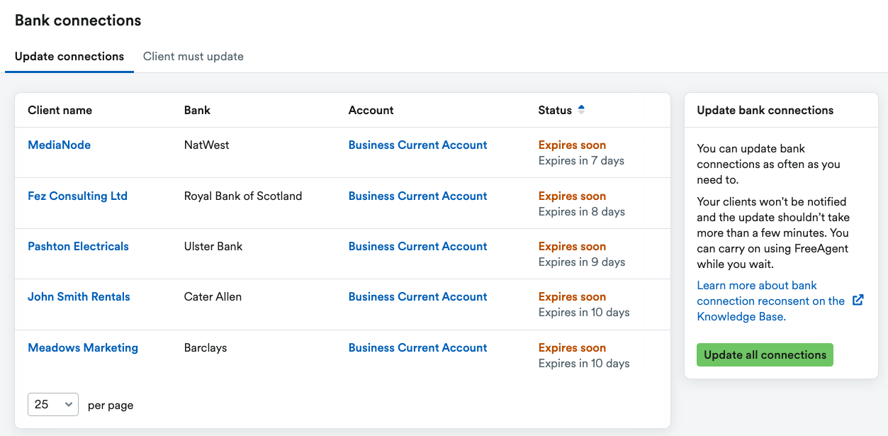 List of expiring bank feeds that are able to be updated