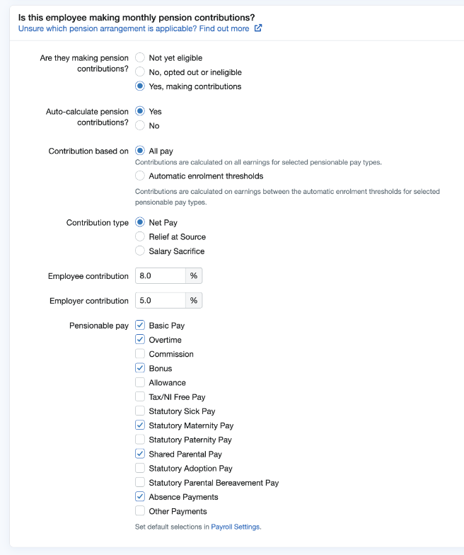 Pension contributions section of payroll profile