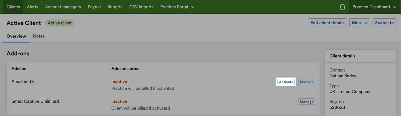 ‘Activate’ button highlighted next to the Amazon UK add-on listing on an example client’s page.