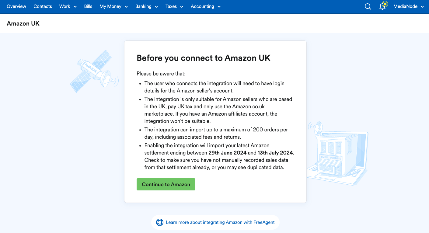 Amazon UK area showing ‘Continue to Amazon’ button beneath a list of considerations.
