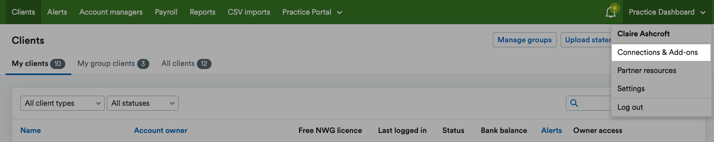 ‘Connections & Add-ons’ highlighted on the drop-down menu beneath an example company name.
