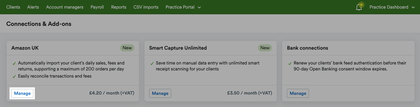 ‘Manage’ button highlighted on the Amazon UK panel within the Connections & Add-ons page.