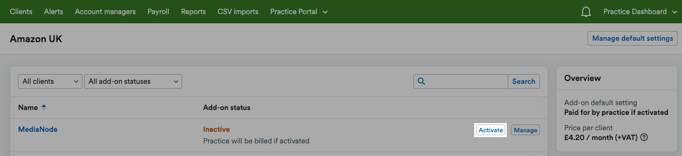 ‘Activate’ button highlighted next to an example client name on the Amazon UK page.