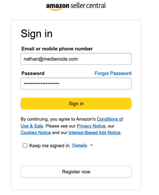 Amazon seller central pop-up with example credentials from a client entered and a ‘Register now’ button.