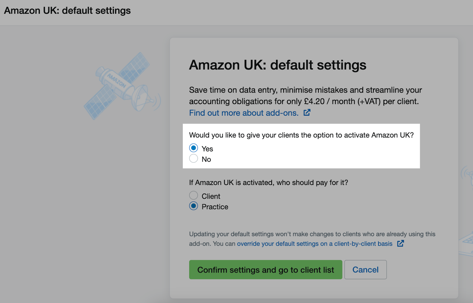 Question for giving clients the option to activate an add-on or not with tick-boxes for ‘Yes’ and ‘No’ highlighted on the default settings page.