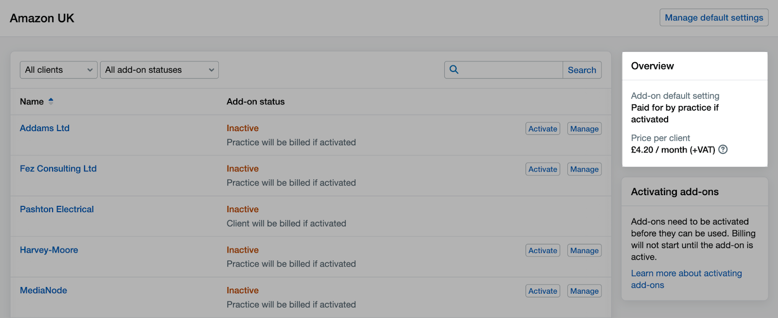 Overview panel highlighted on an add-on page showing default settings and price per client.