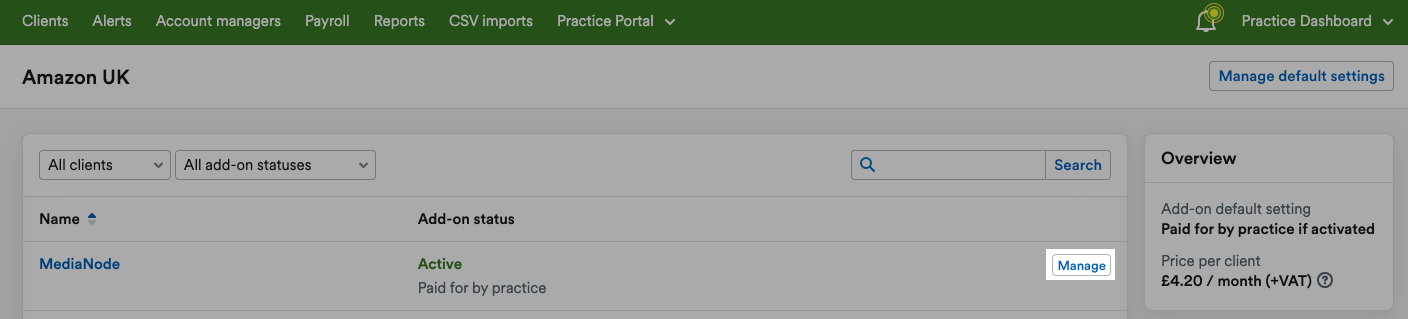 ‘Manage’ button highlighted next to an example client on an add-on page.
