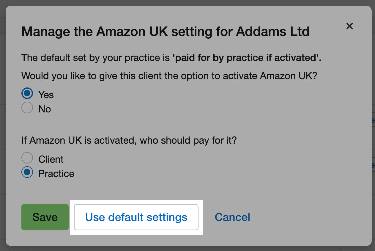 ‘Manage an add-on’ pop-up for an example client with the option to revert to default settings highlighted.