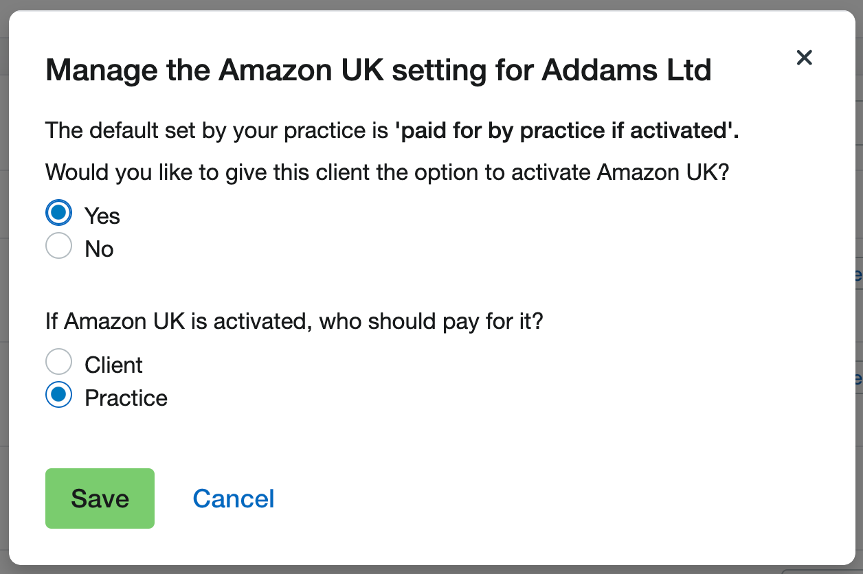 ‘Manage an add-on’ pop-up for an example client with options for client to activate or not, and choosing who will pay.
