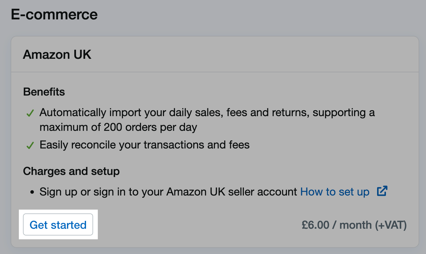 Get started button highlighted on Amazon panel in connections and add-ons area