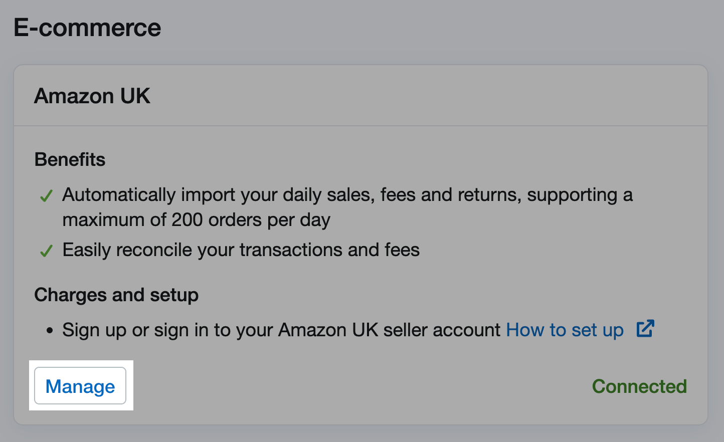 Manage button highlighted on Amazon panel on connections and add-ons page