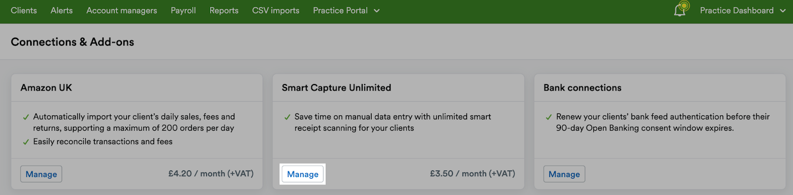 ‘Manage’ button highlighted on the Smart Capture Unlimited panel within the Connections & Add-ons page.