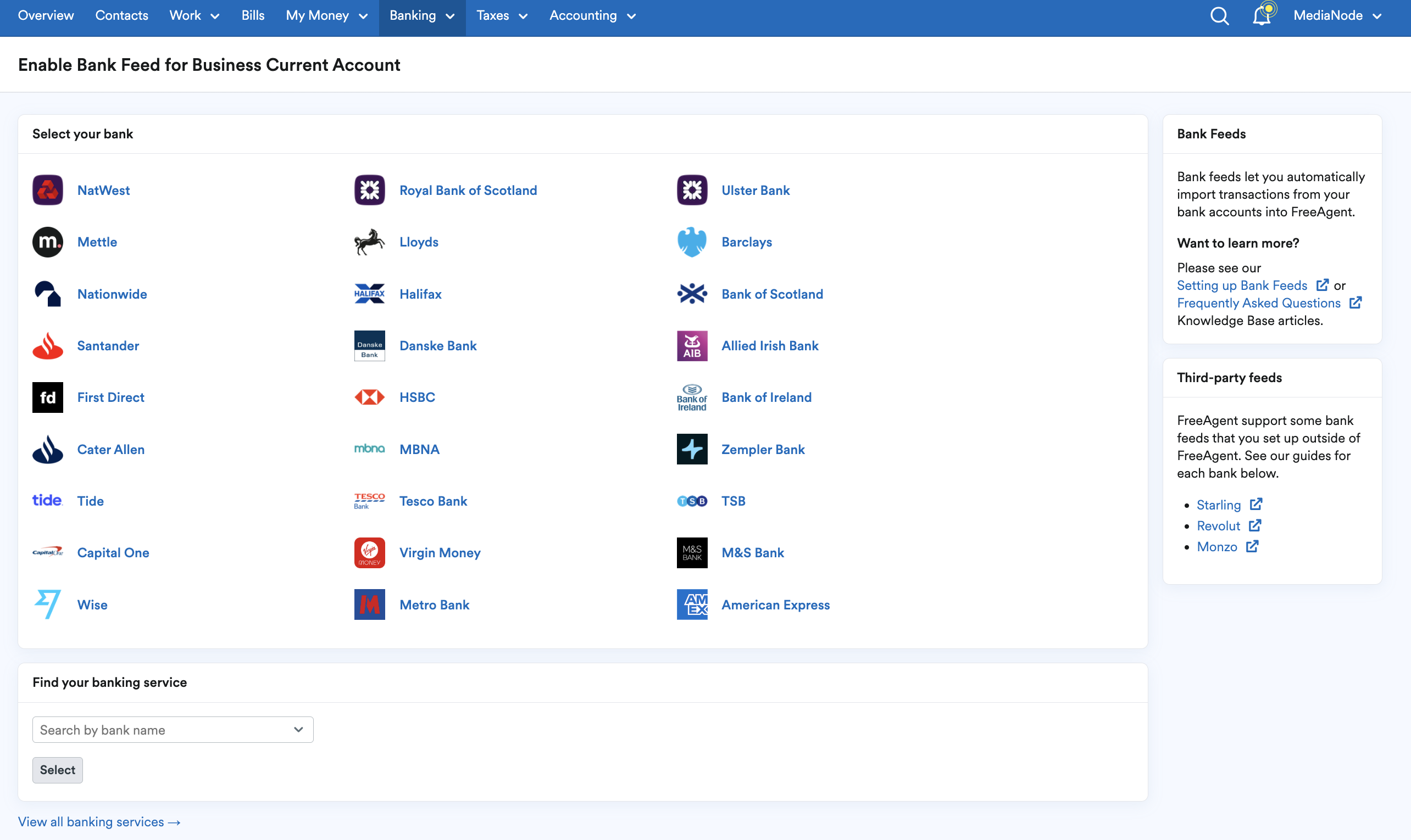 List of banks to enable a bank feed for.