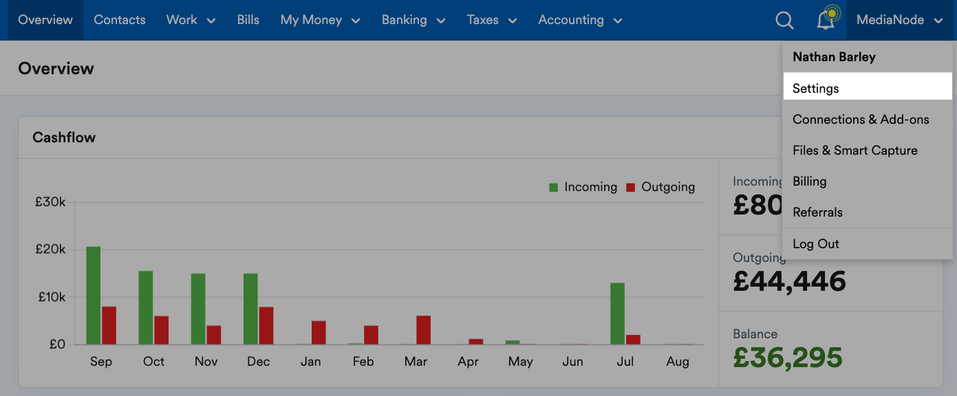 Settings highlighted in the drop-down menu below the business name
