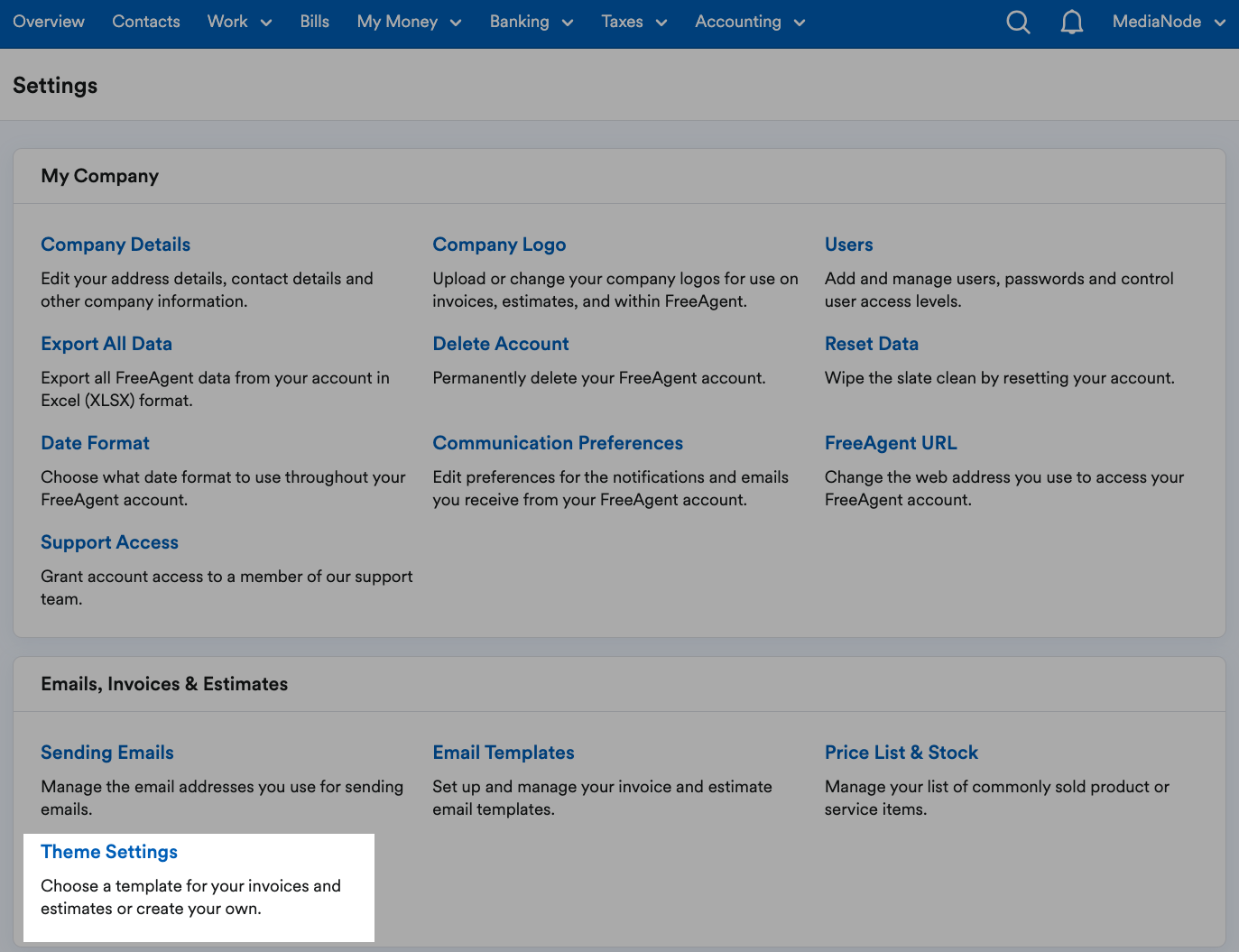 Theme Settings highlighted within Settings area