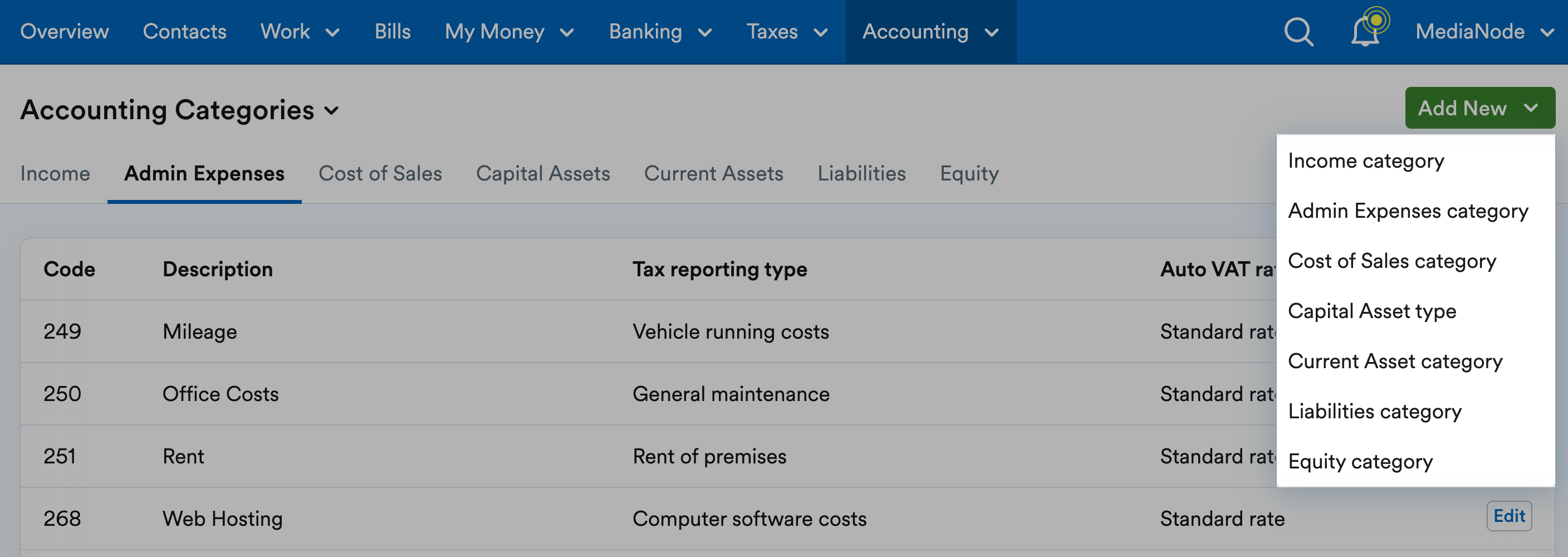 List of new category options highlighted below add new menu