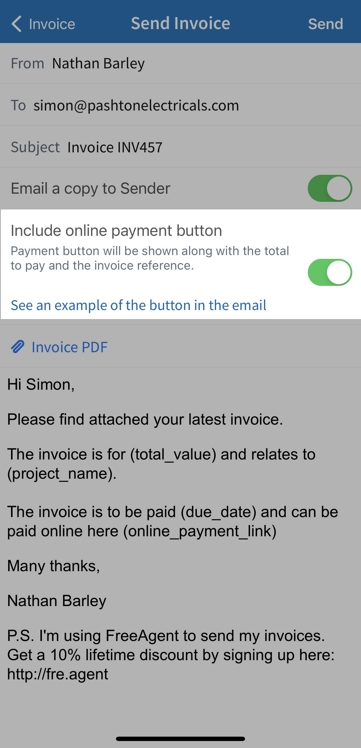 button to include payment button in email highlighted