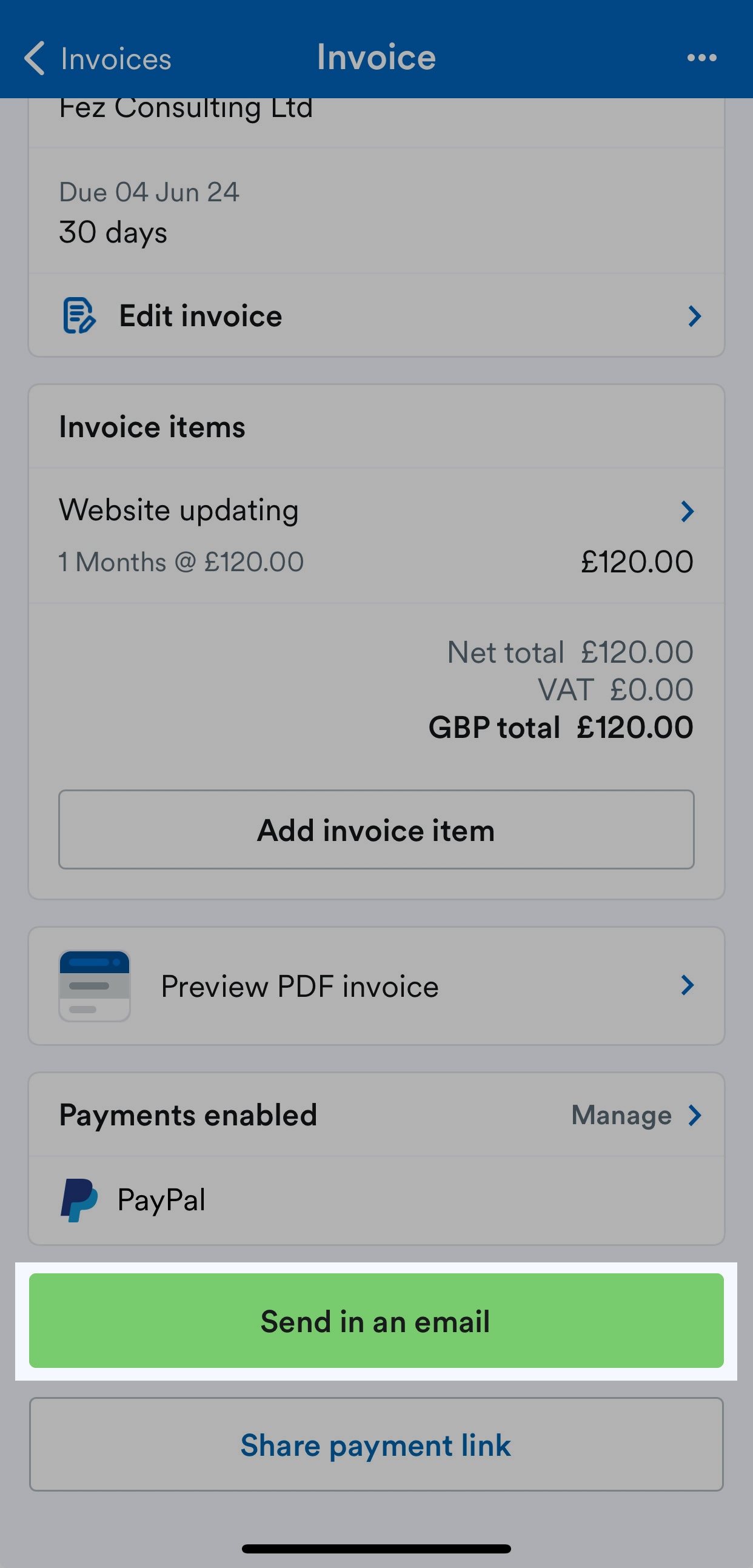 'Send in an email' button highlighted on Invoice.