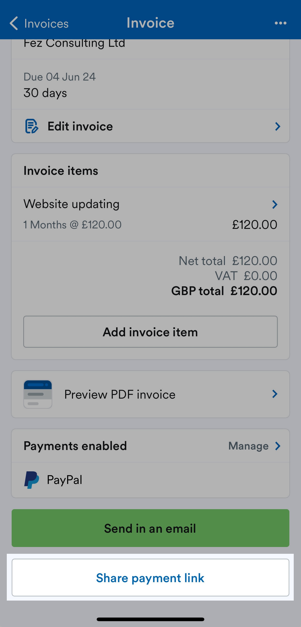 'Share payment link' button highlighted on Invoice screen.