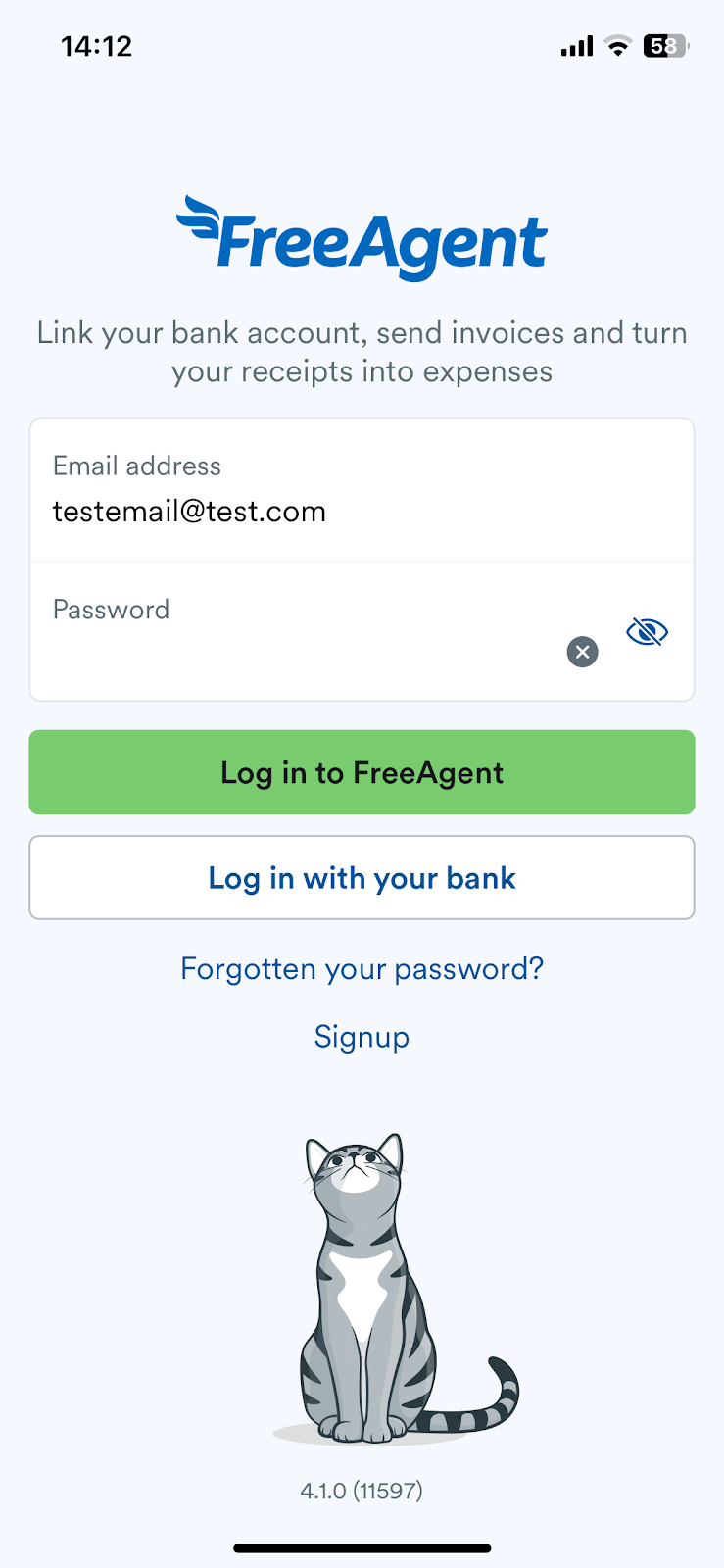 FreeAgent mobile app login screen.