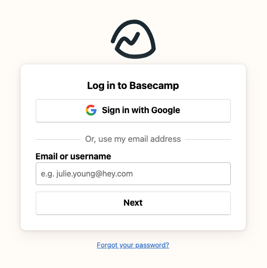 Basecamp login screen