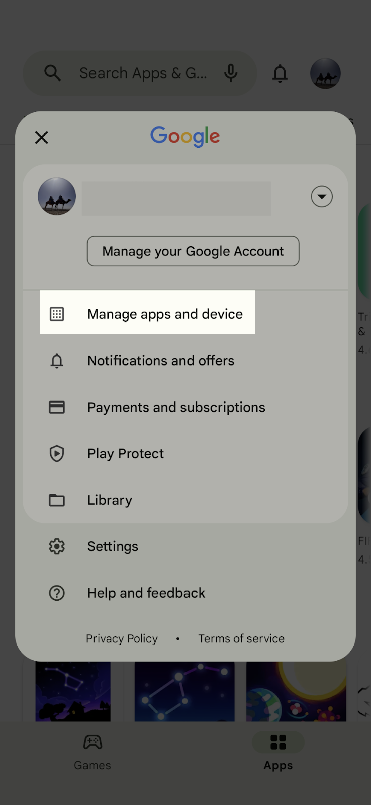 Manage apps and settings highlighted on Android